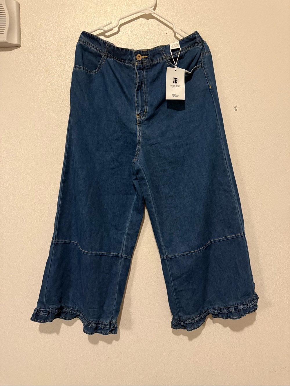 Women's Wide-Leg Ruffle Hem Jeans - Blue - Picture 2 of 2